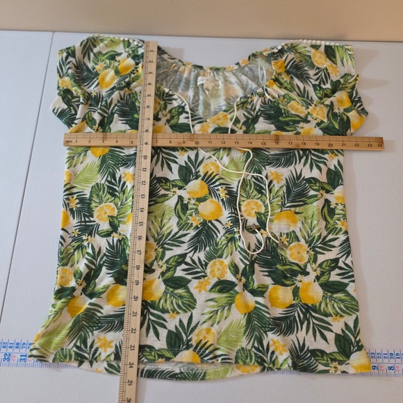 French Laundry Women Large Lemon Tropical Palm Print Top Tassel Pom Pom Trim - Picture 7 of 9